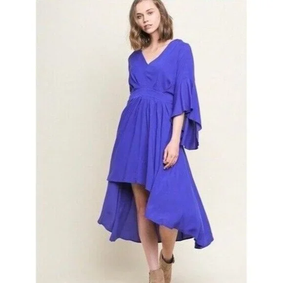 Umgee Dress Blue Ruffle Hi Lo Bell Sleeve V Neck Midi NWT - Picture 2 of 12